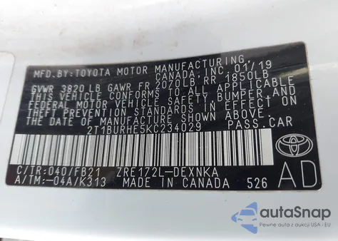 2019 Toyota Corolla Le из США, поврежденный, VIN 2T1BURHE5KC234029